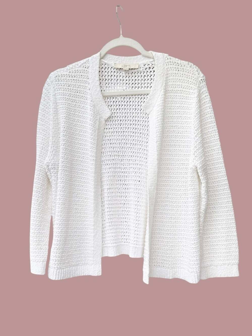 LOFT White Open Stitch Flyaway Cardigan